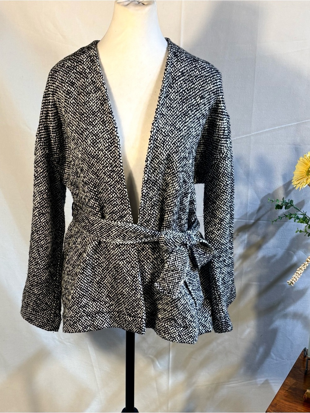 💥Eileen Fisher Organic Cotton Marled Knit Belted Cardigan Black White Sz S🧡